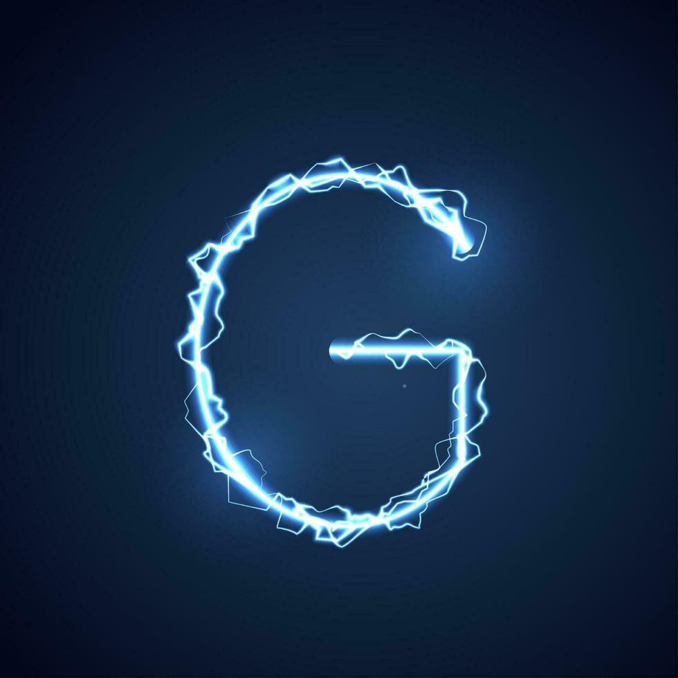 Blue lightning style letter or alphabet G. lightning and thunder bolt or electric font, glow and sparkle effect on blue background. vector design.