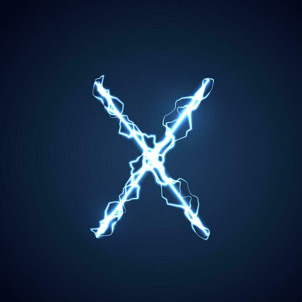 azul relámpago estilo letra o alfabeto X. relámpago y trueno tornillo o eléctrico fuente, resplandor y brillar efecto en azul antecedentes. vector diseño.