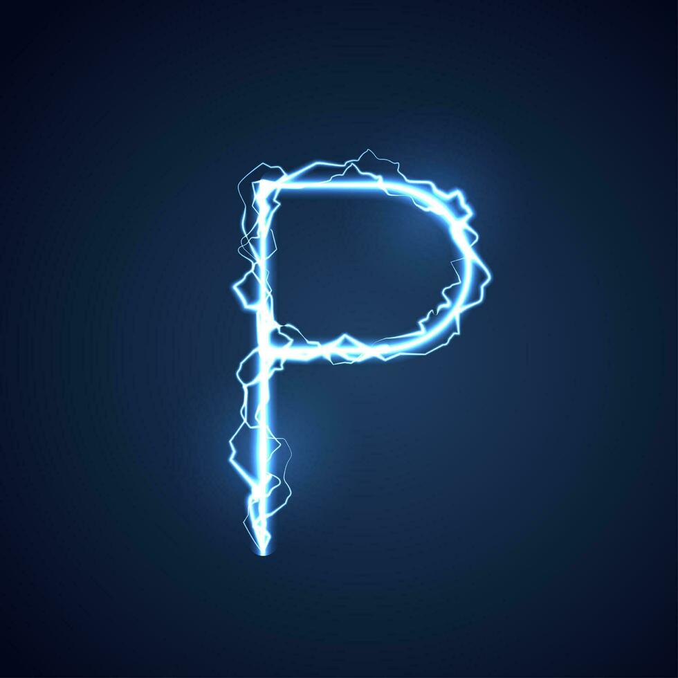 Blue lightning style letter or alphabet P. lightning and thunder bolt or electric font, glow and sparkle effect on blue background. vector design.