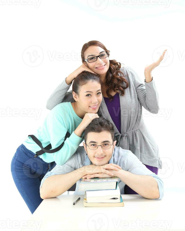 Yong south east Asian middle eastern Caucasian youth man woman in casual dress walk talk fun sit at table book notebook pen laptop computer study think read on white background photo