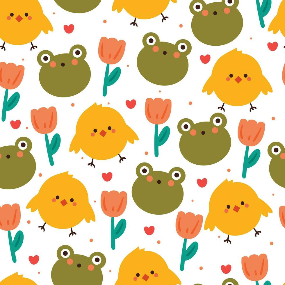 seamless pattern cartoon chick and frog. cute animal, plant and dessert wallpaper for textile, gift wrap paper vector