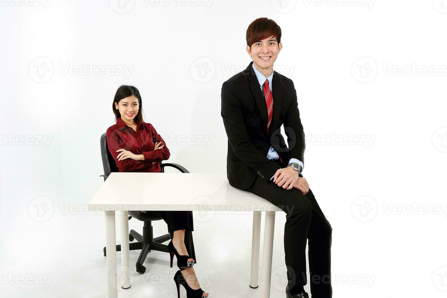 Young attractive man woman business office white background sit on