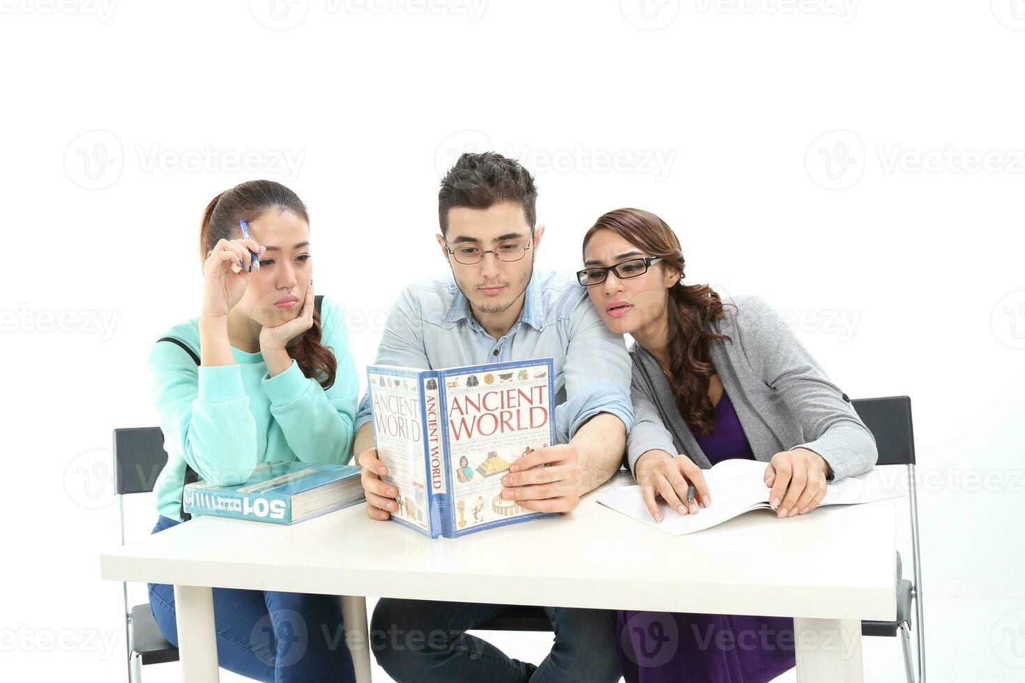 Yong south east Asian middle eastern Caucasian youth man woman in casual dress walk talk fun sit at table book notebook pen laptop computer study think read on white background photo