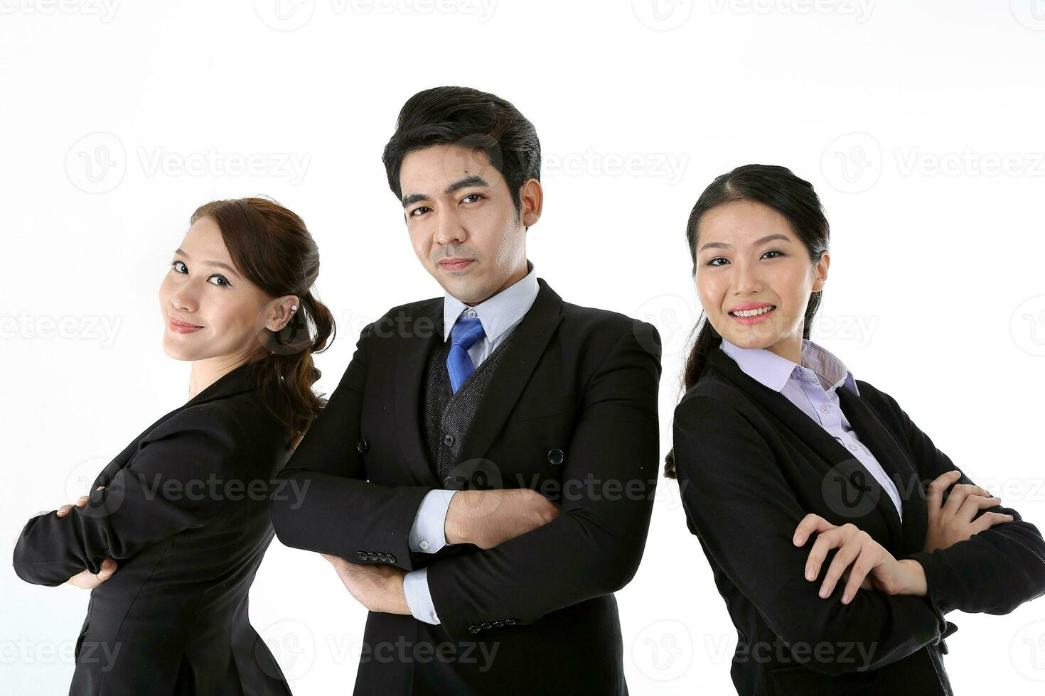 Southeast Asian young office business man woman stand confident back to back on white studio background photo