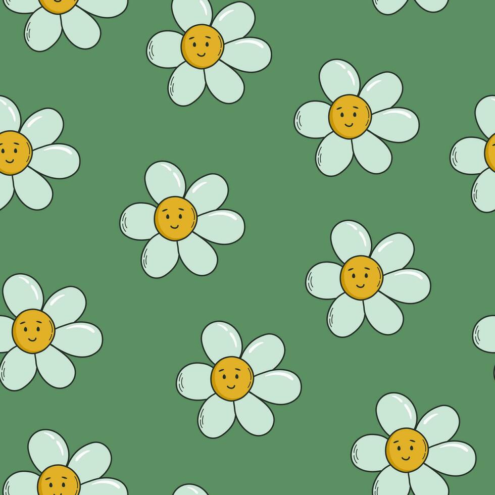 Retro background with smiling chamomiles. Y2K style flower pattern. Cute groovy vector print with kawaii flowers.