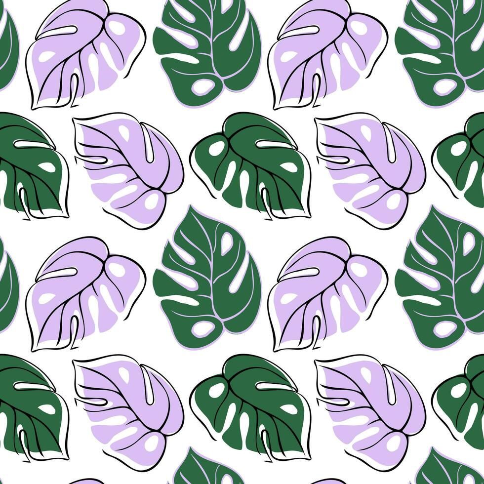 Abstract minimalistic background with monstera leaves in one line drawing and flat. Tropical plant vector illustration. Botanical seamless pattern for paper, textile, cards.