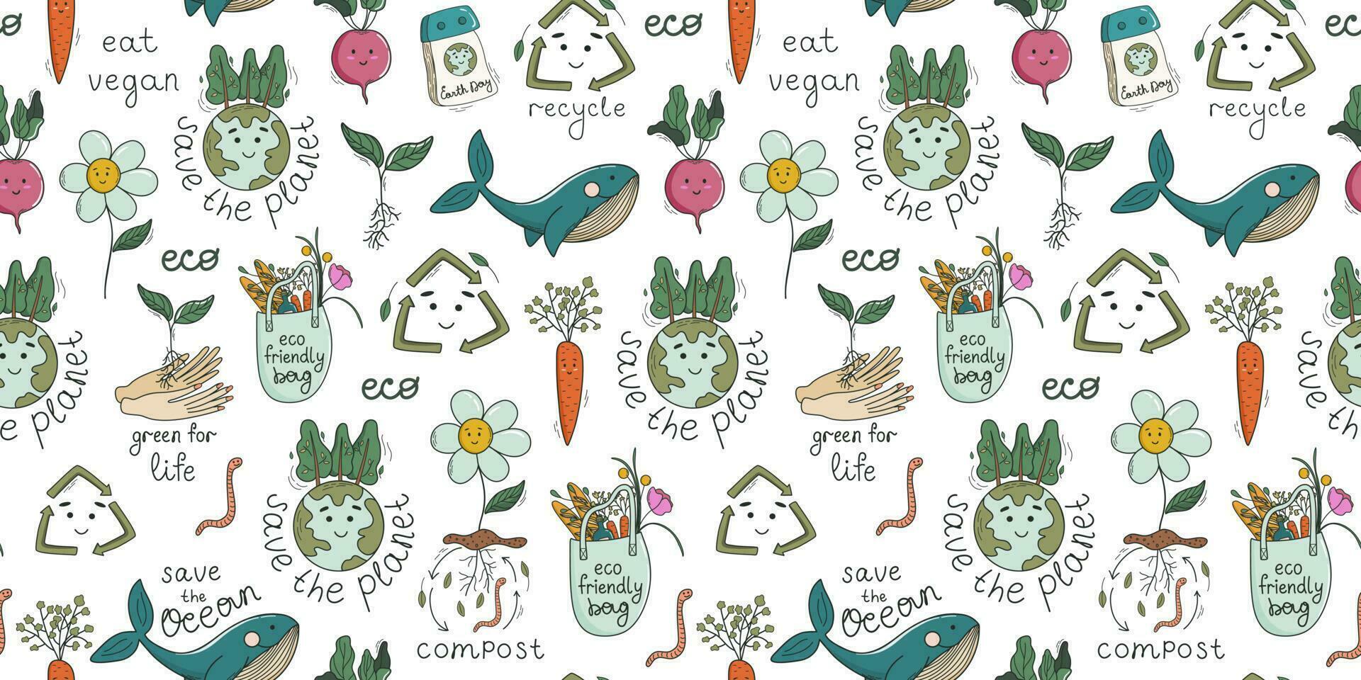 eco tema sin costura modelo. ambiental conservación, tierra día concepto. motivacional texto y ecológico simbolos linda kawaii diseño elementos. vector ilustración.