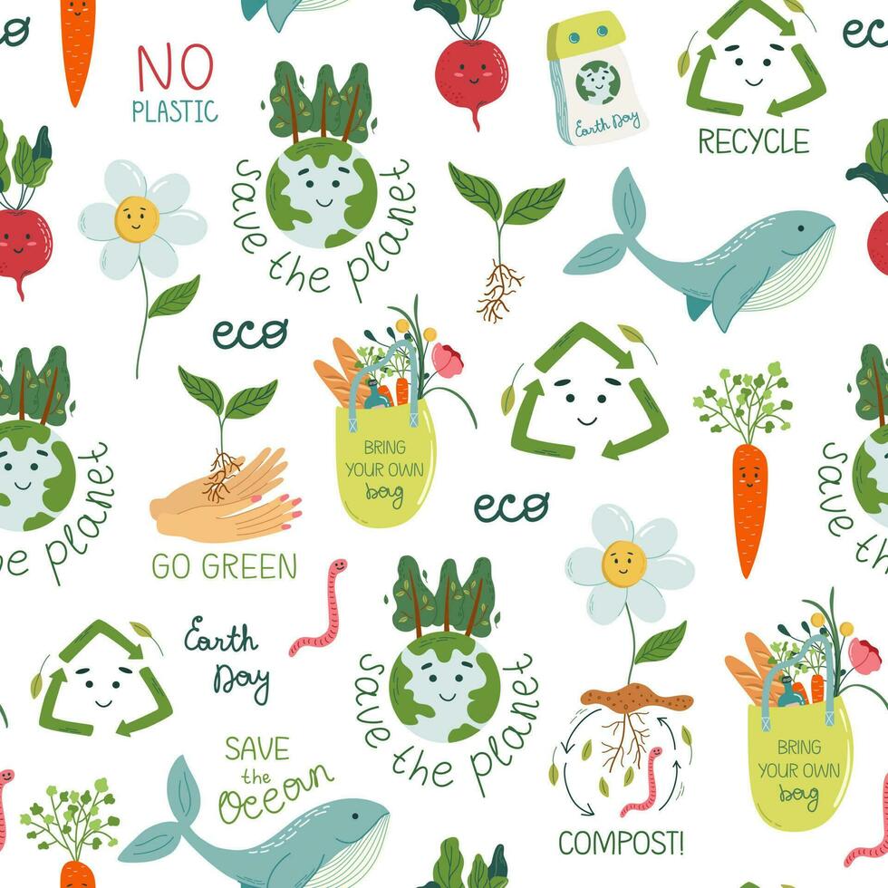 Seamless pattern with eco and healthy life symbols. Environmental conservation, Earth Day concept. Motivational slogans. Cute kawaii design elements. Flat style vector illustration.