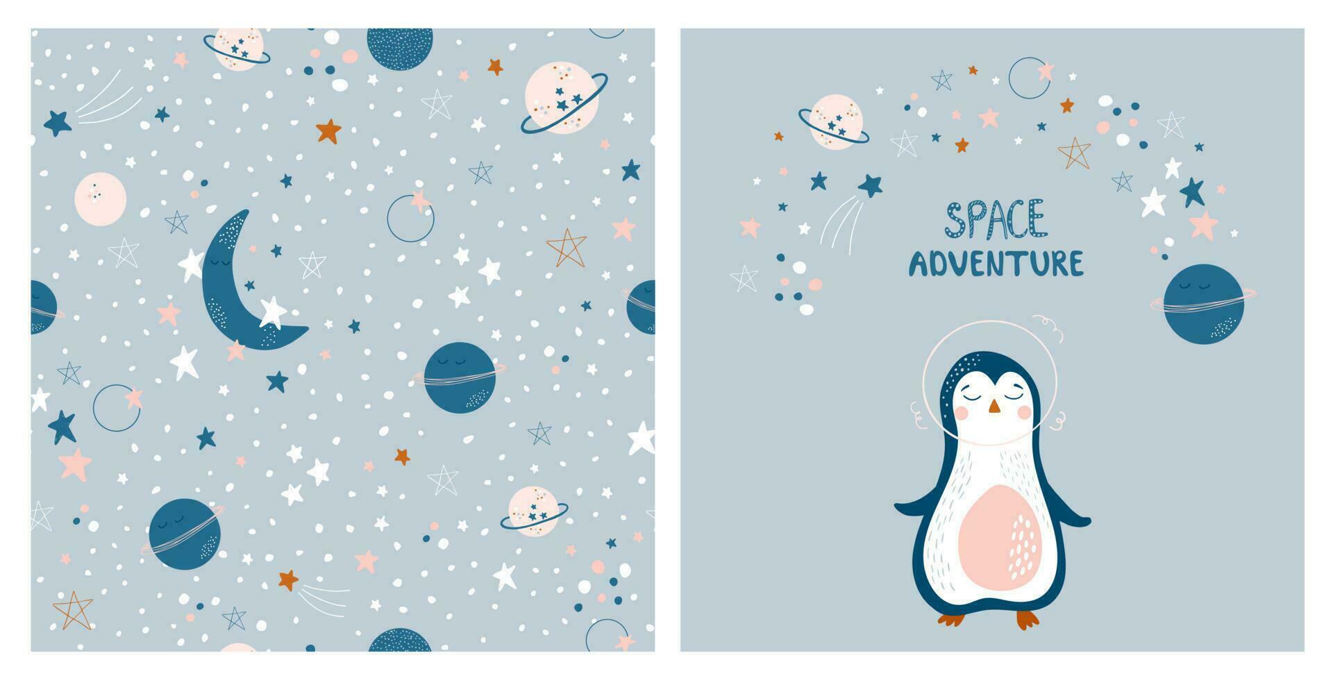 Baby cosmic set with penguin, moon, planet and stars. Vector pattern in simple hand drawn style. Cute illustrations for interior decorating, fabric, baby clothes, baby shower decor.