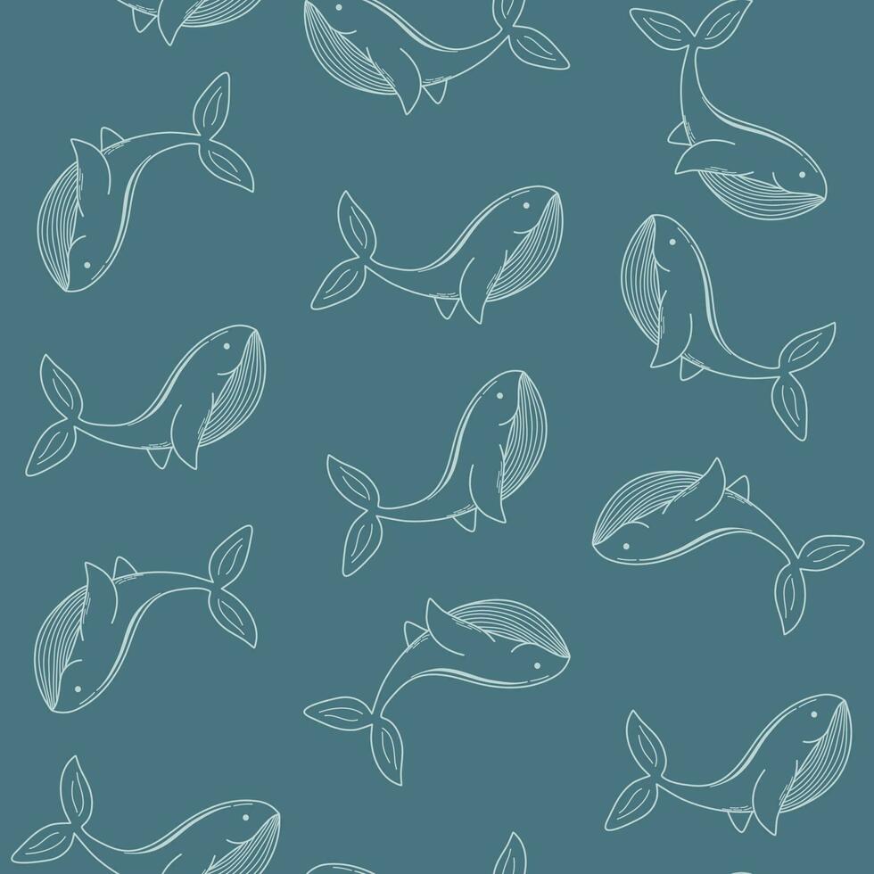 Minimalistic style pattern with whales. Sea animal line silhouette on soft blue background. Cute vector print for paper, textile, scrapbooking, wallpaper.