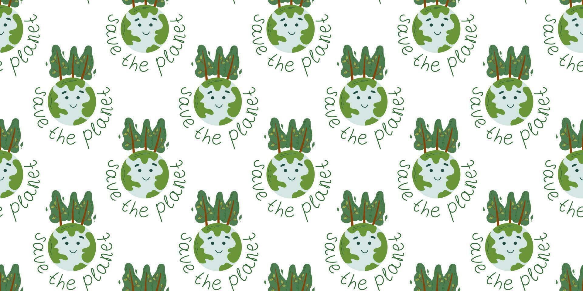 Seamless pattern with kawaii globe and slogan. Environmental conservation, Earth Day concept. Save the planet. Cute ecological vector illustration.