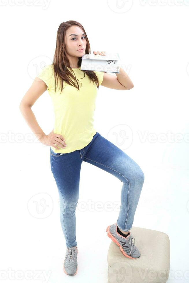 Yong south east Asian middle eastern Caucasian youth man woman in casual dress walk talk fun sit at table book notebook pen laptop computer study think read on white background photo