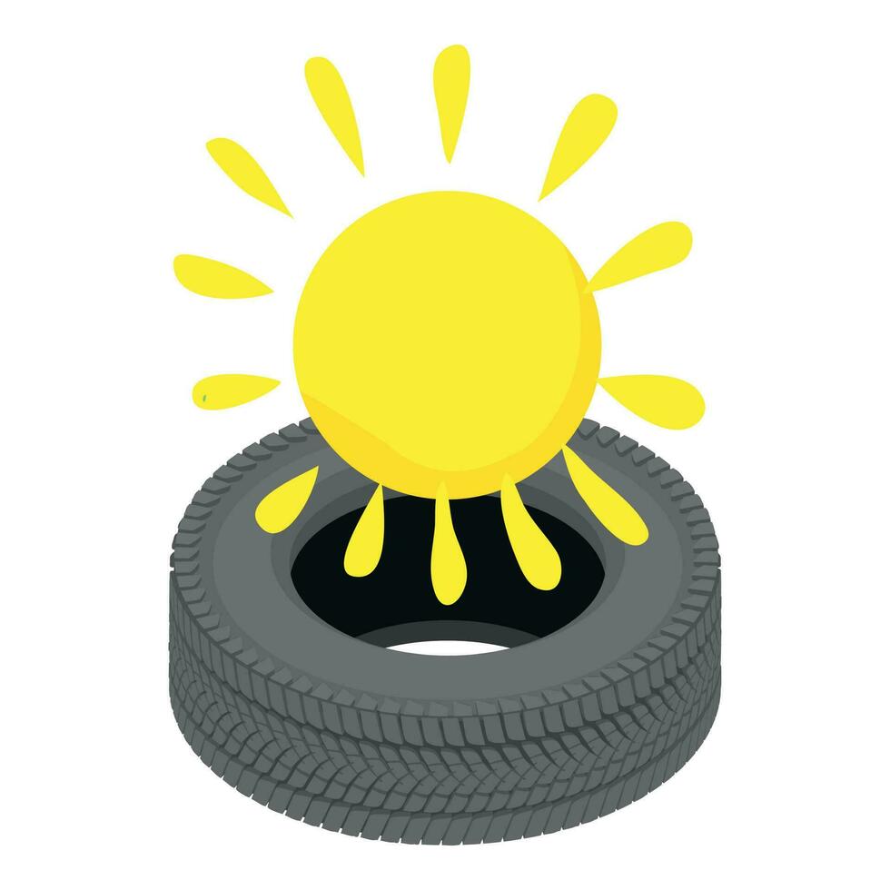 Summer tire icon isometric vector. New black summer car tire and yellow sun sign vector