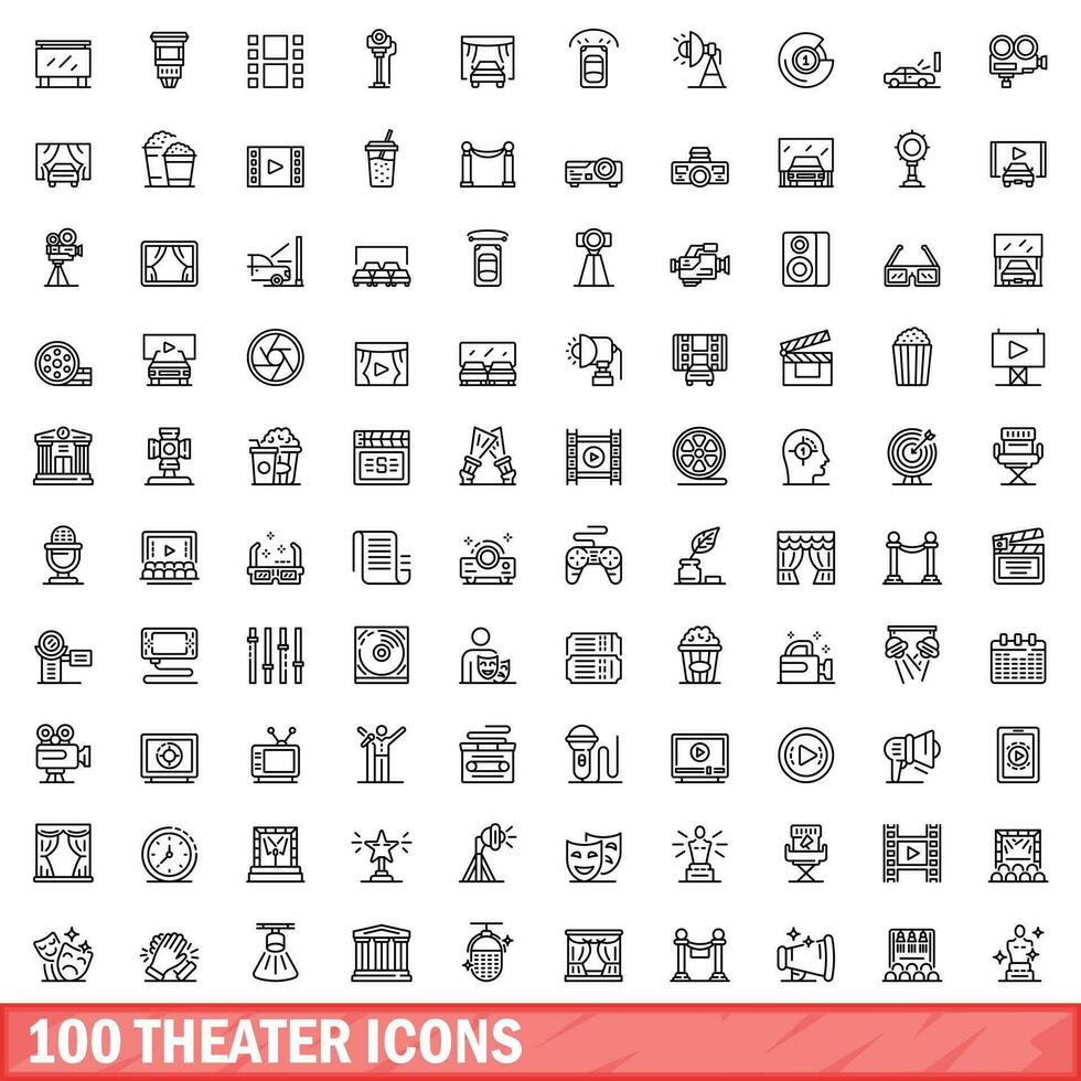 100 theater icons set, outline style vector