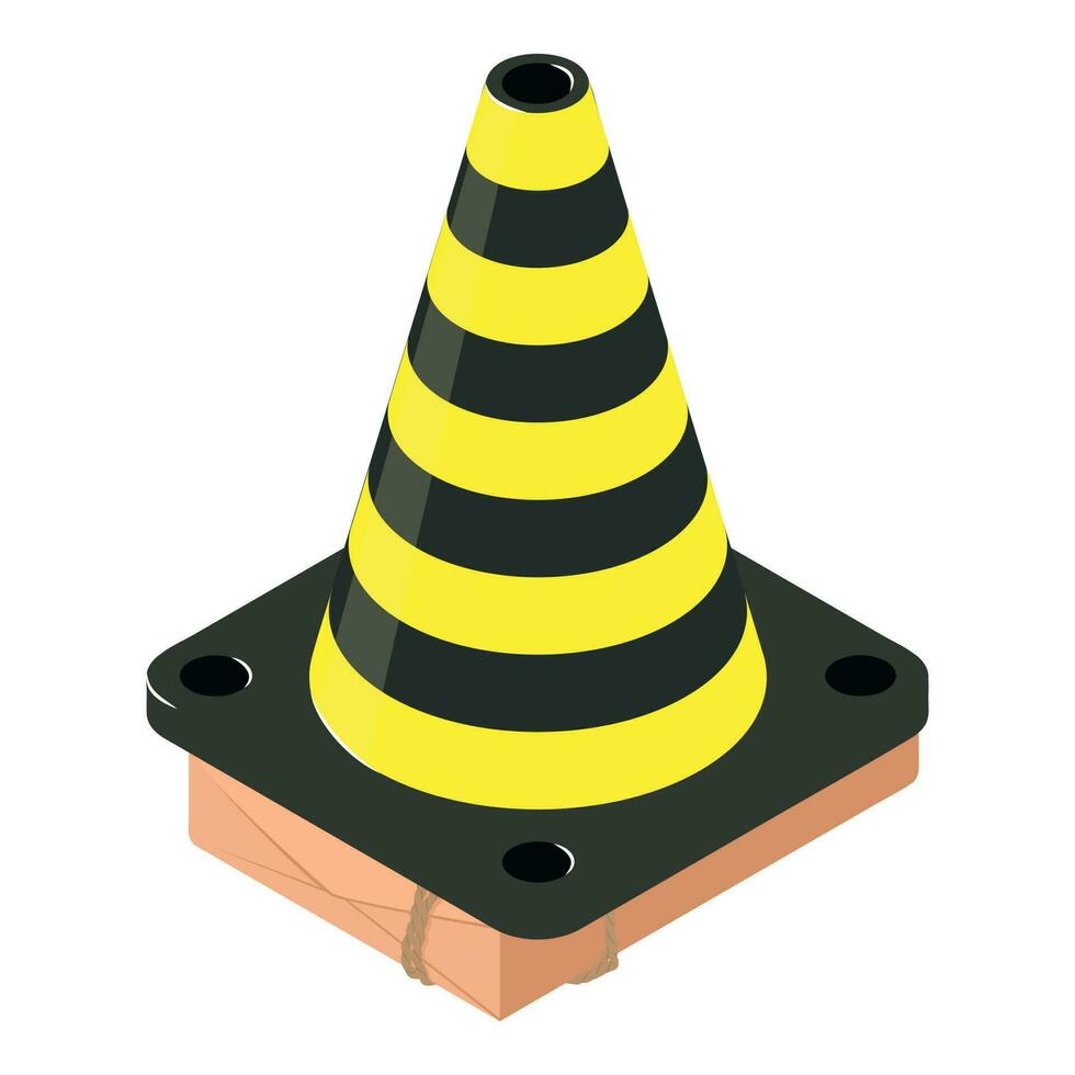 Traffic cone icon isometric vector. Black yellow striped cone on postal parcel vector