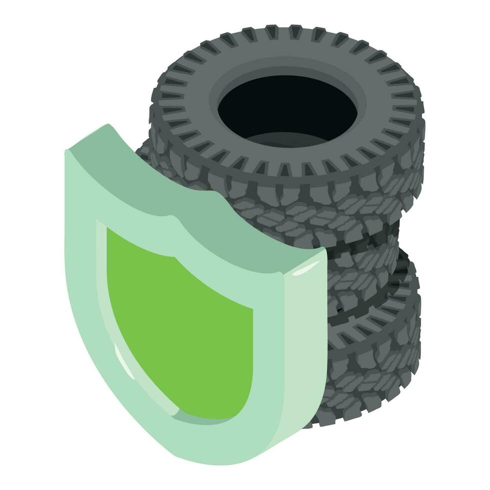 Regenerated tire icon isometric vector. Old worn car tire and green shield icon vector