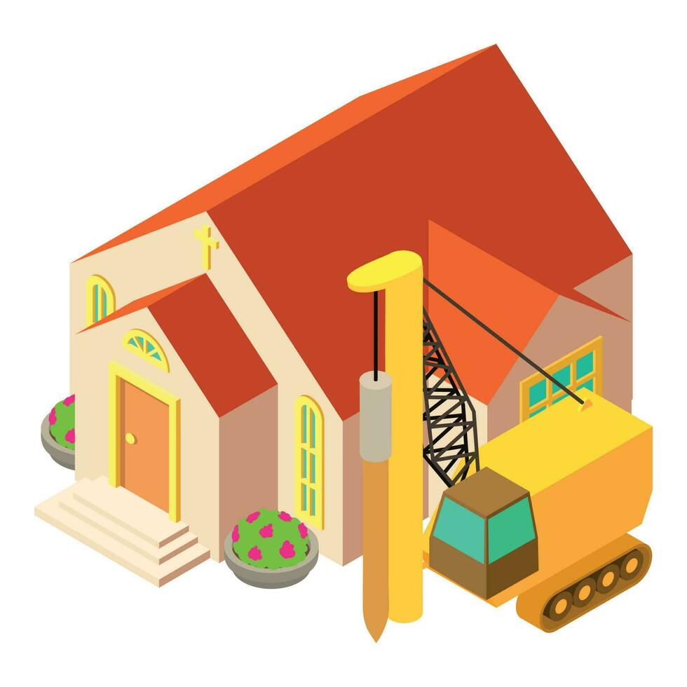 Drilling work icon isometric vector. Drilling machinery near new church building vector