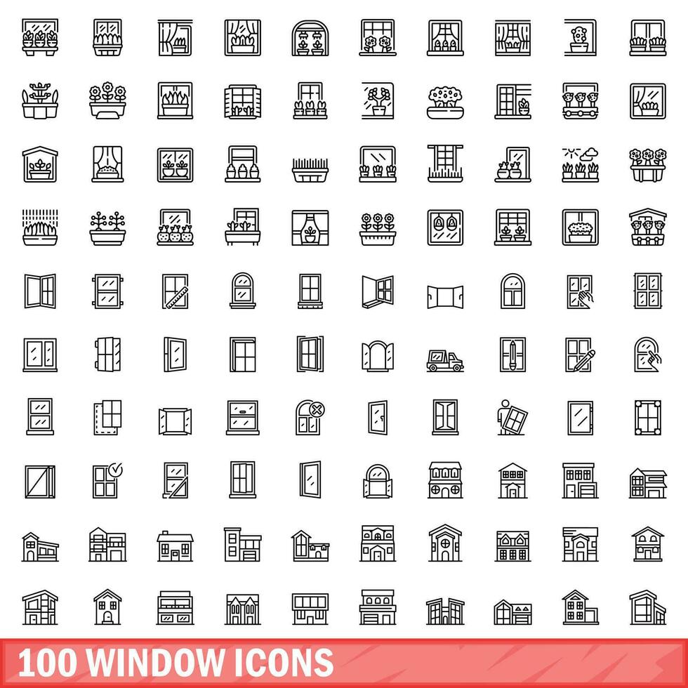 100 ventana íconos colocar, contorno estilo vector