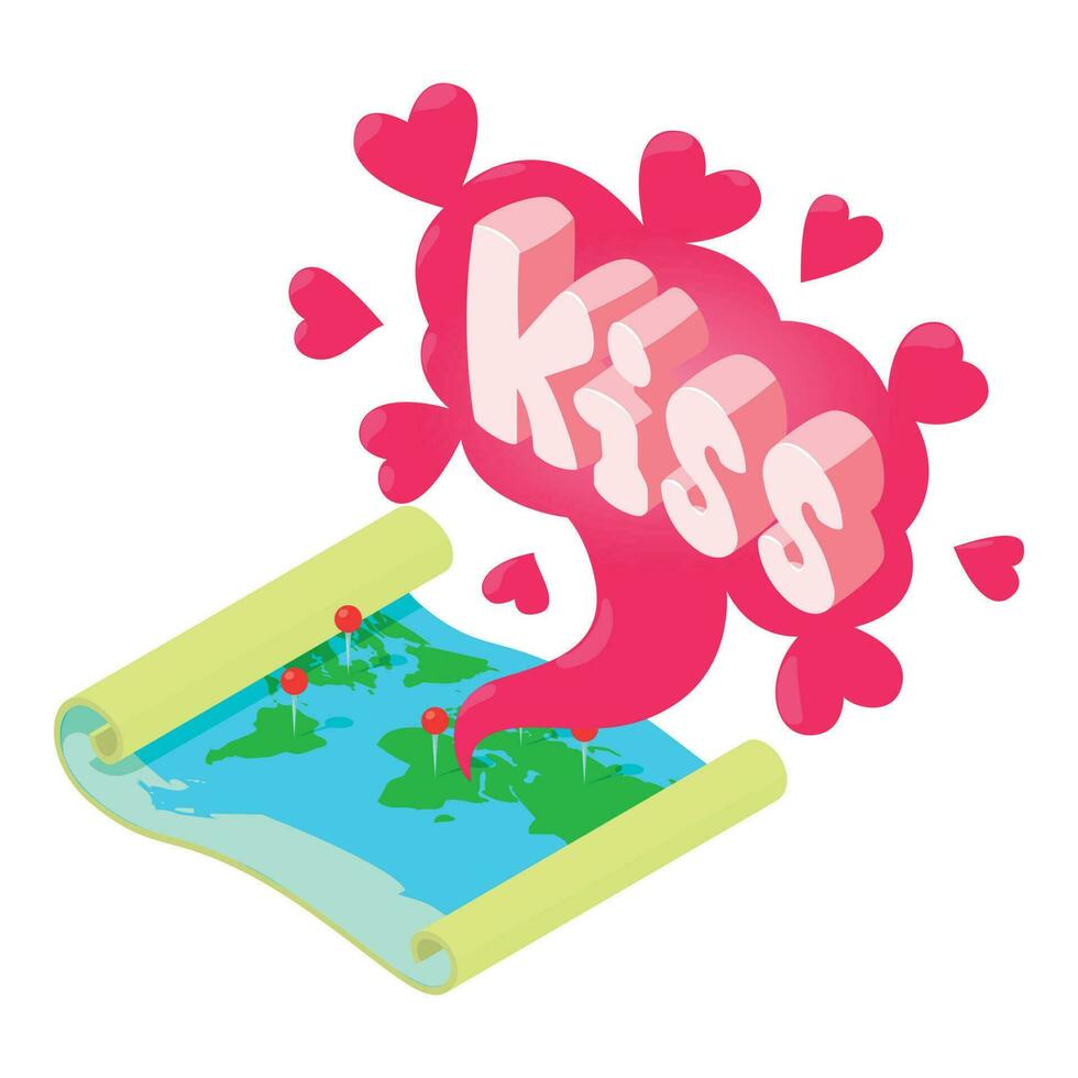 Kiss icon isometric vector. Open world map with red pin and kiss speech bubble vector