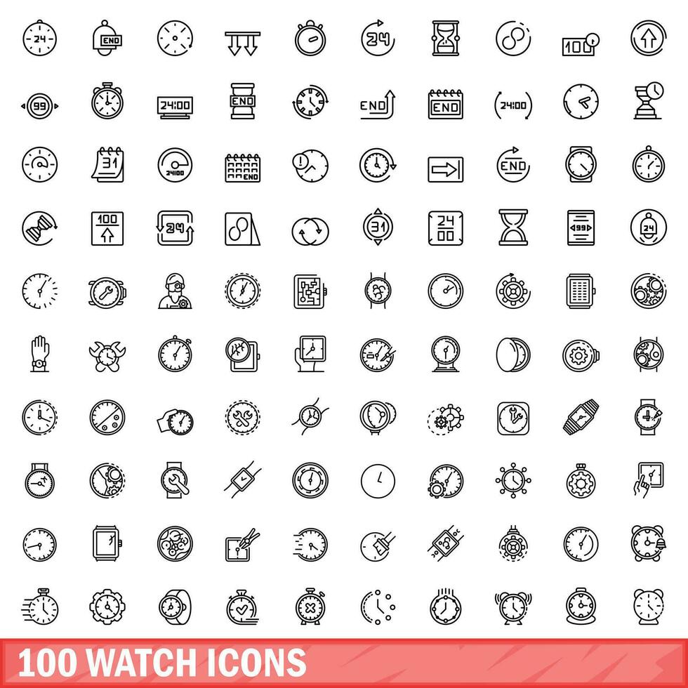 100 watch icons set, outline style vector