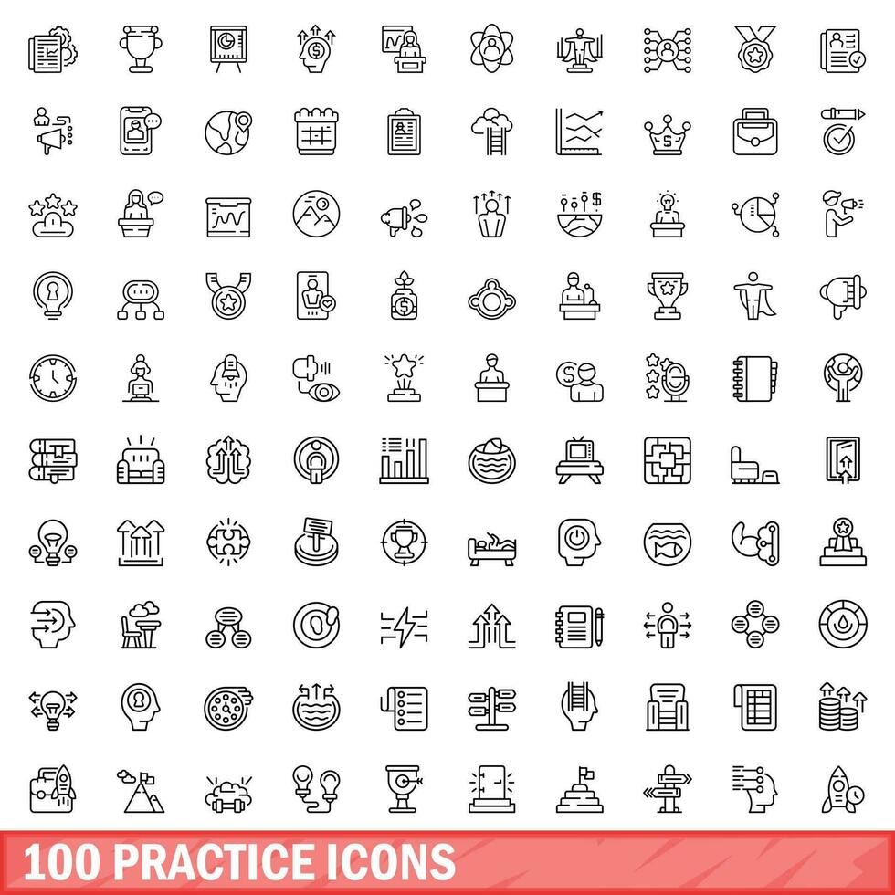 100 practice icons set, outline style vector