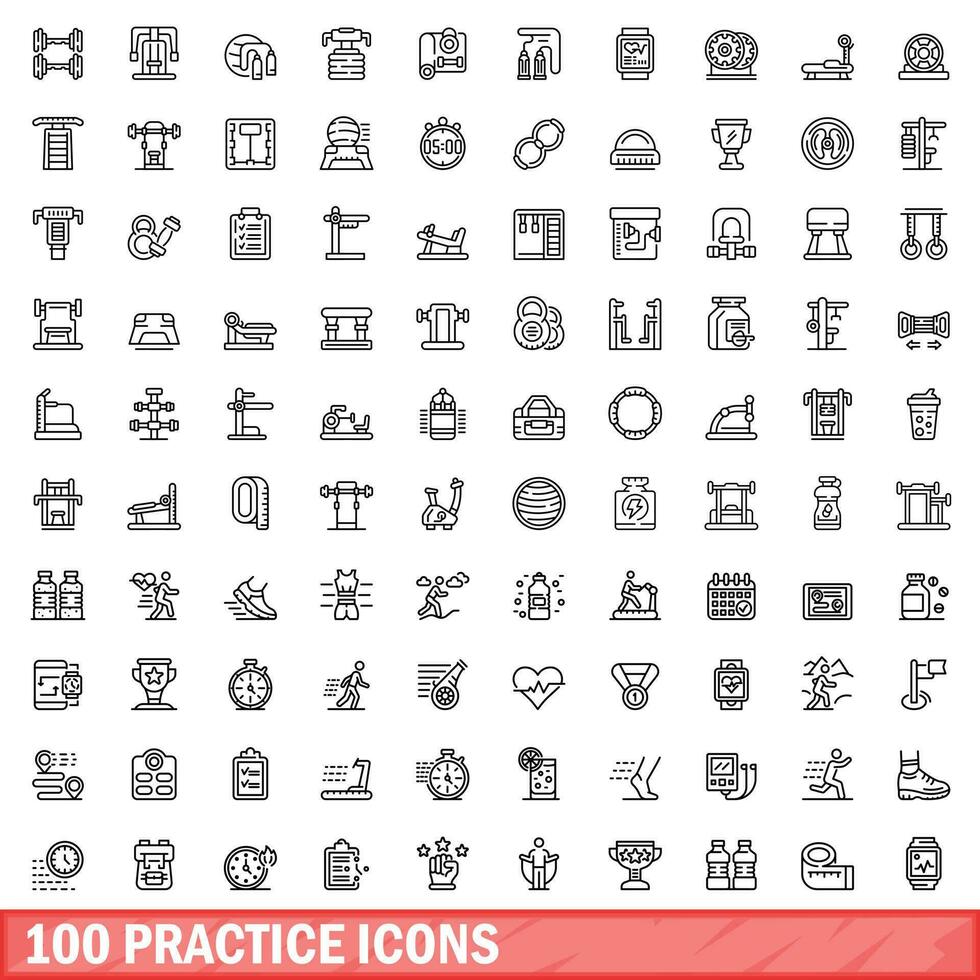 100 practice icons set, outline style vector