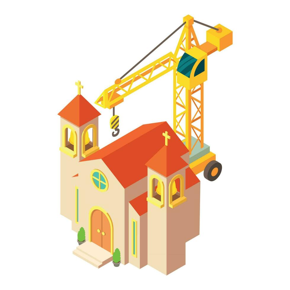 Church construction icon isometric vector. Construction crane near new church vector