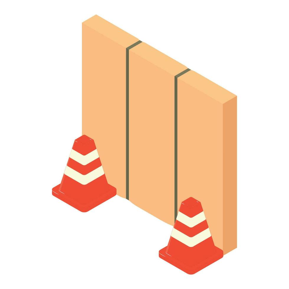 Firefighter tool icon isometric vector. Two fire fencing near big postal package vector