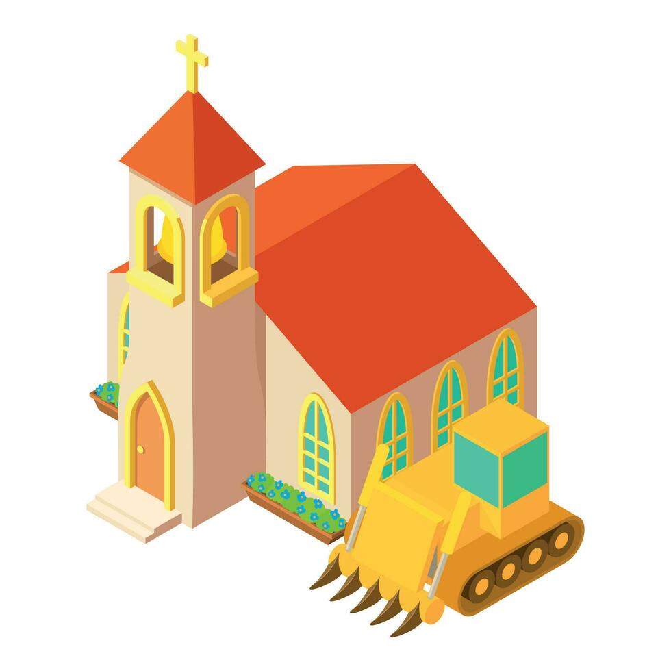Building concept icon isometric vector. Big bulldozer near church building icon vector