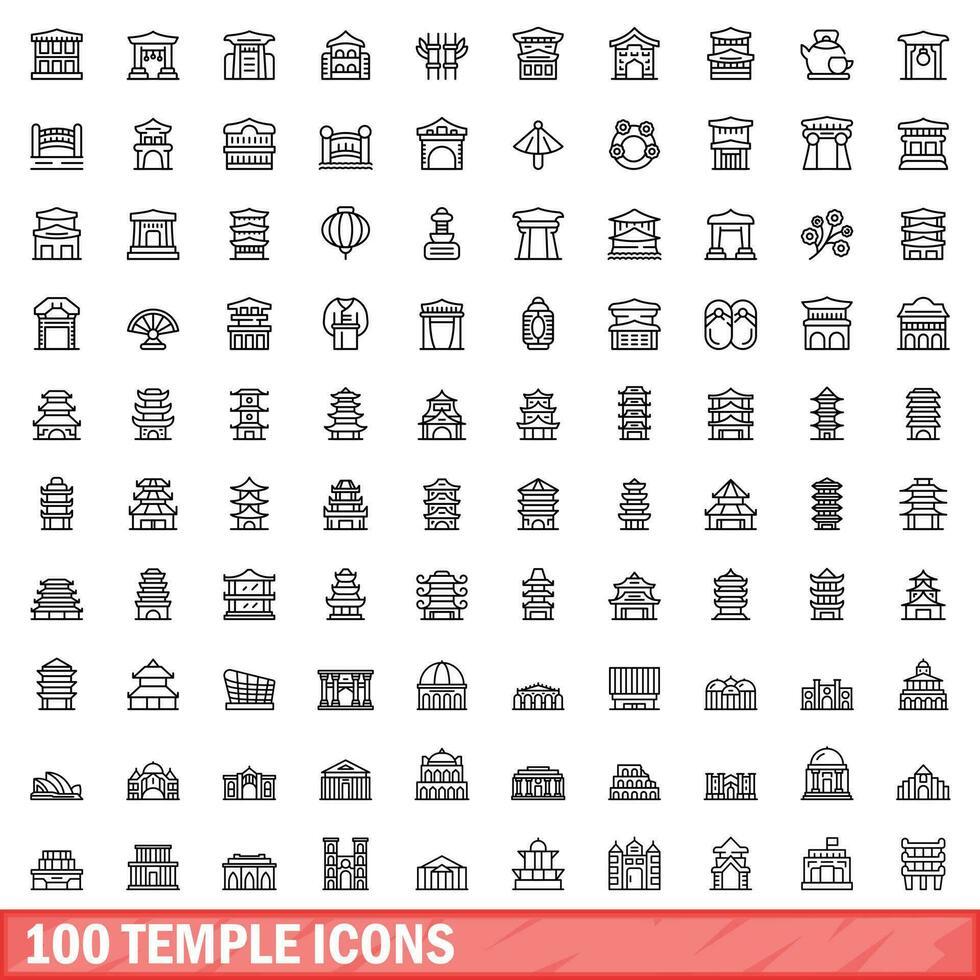 100 temple icons set, outline style vector