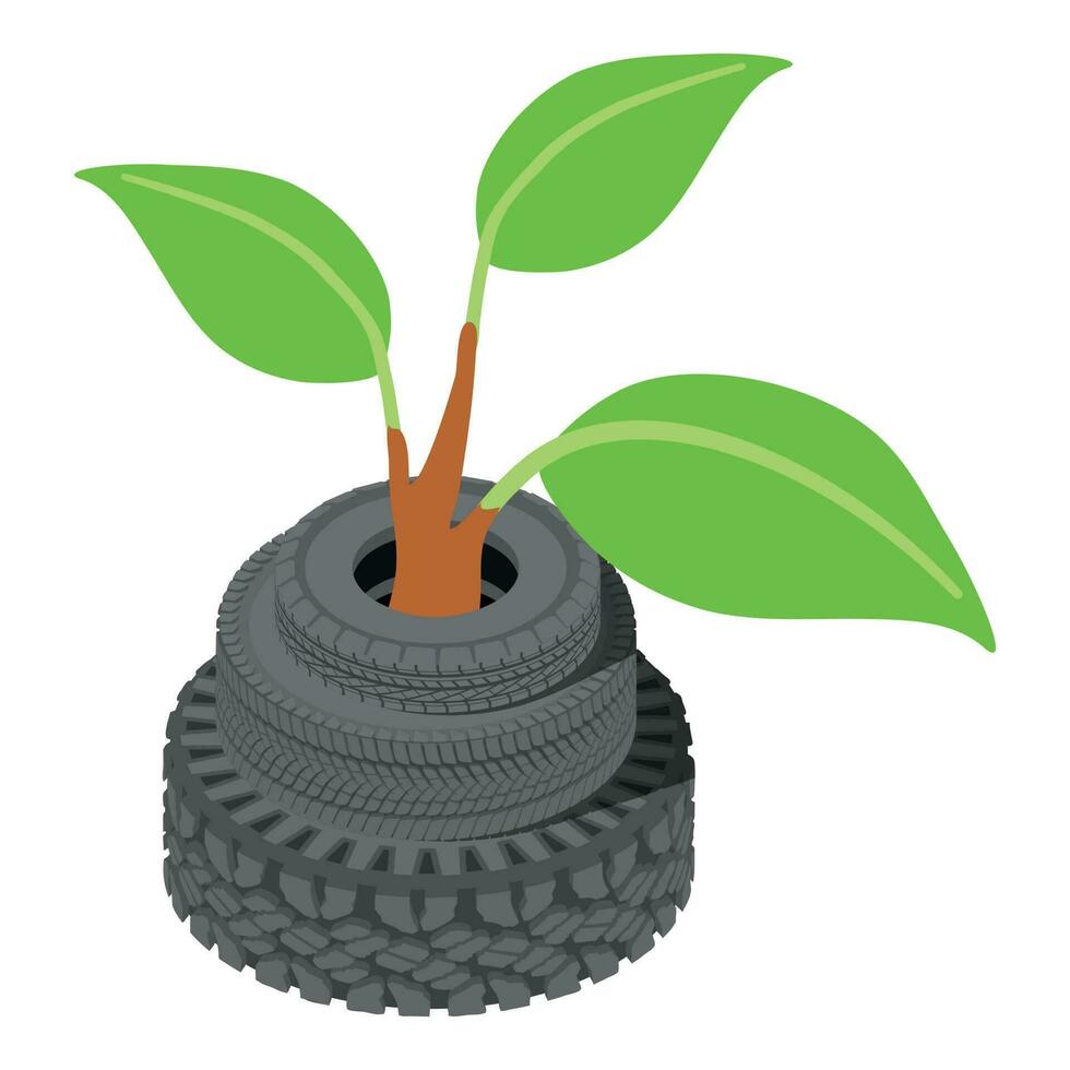 Environmental pollution icon isometric vector. Old worn car tire and green leaf vector