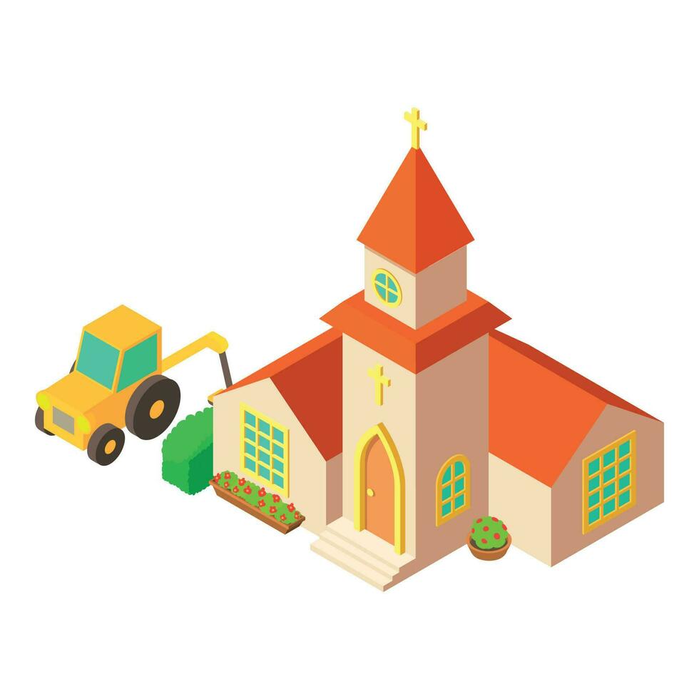 Territory improvement icon isometric vector. Wheel tractor near church building vector