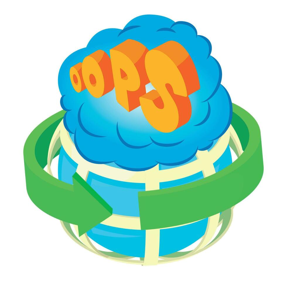 Oops icon isometric vector. Planet grid with green arrow and oops speech bubble vector