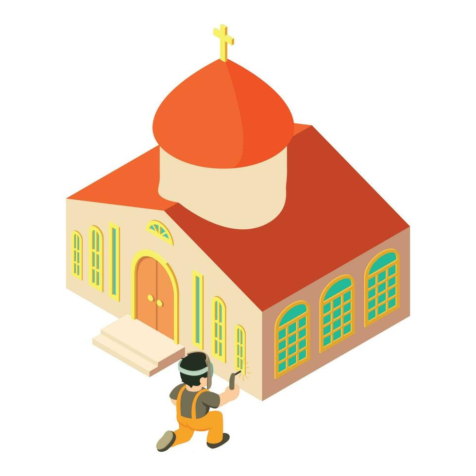 Welding work icon isometric vector. Welder perform repair work near church icon vector