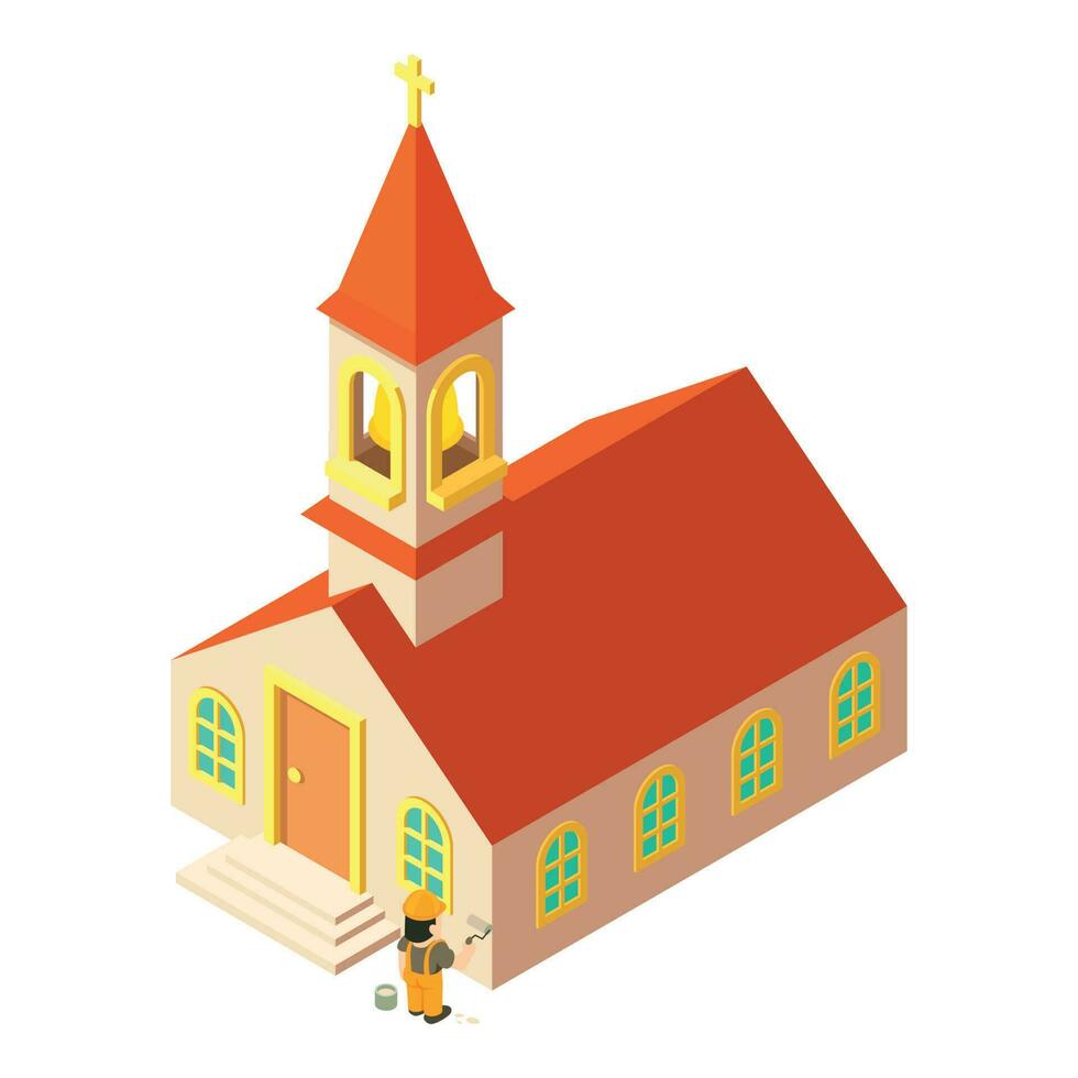 Renovation work icon isometric vector. Worker paints christian church building vector