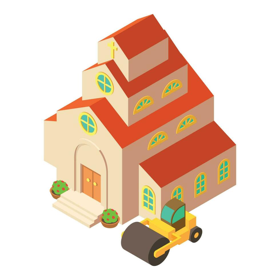 Road work icon isometric vector. Large road roller near new church building icon vector