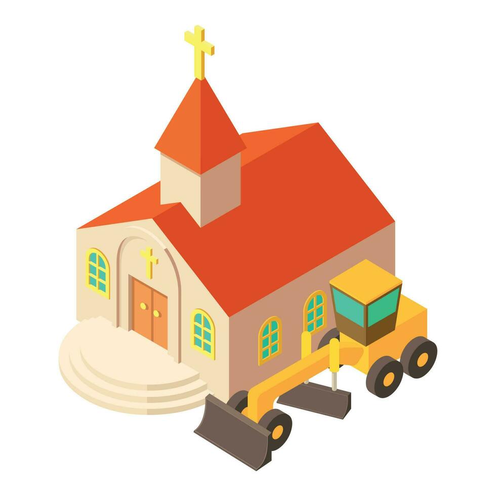 Earth work icon isometric vector. New motor grader near catholic church building vector