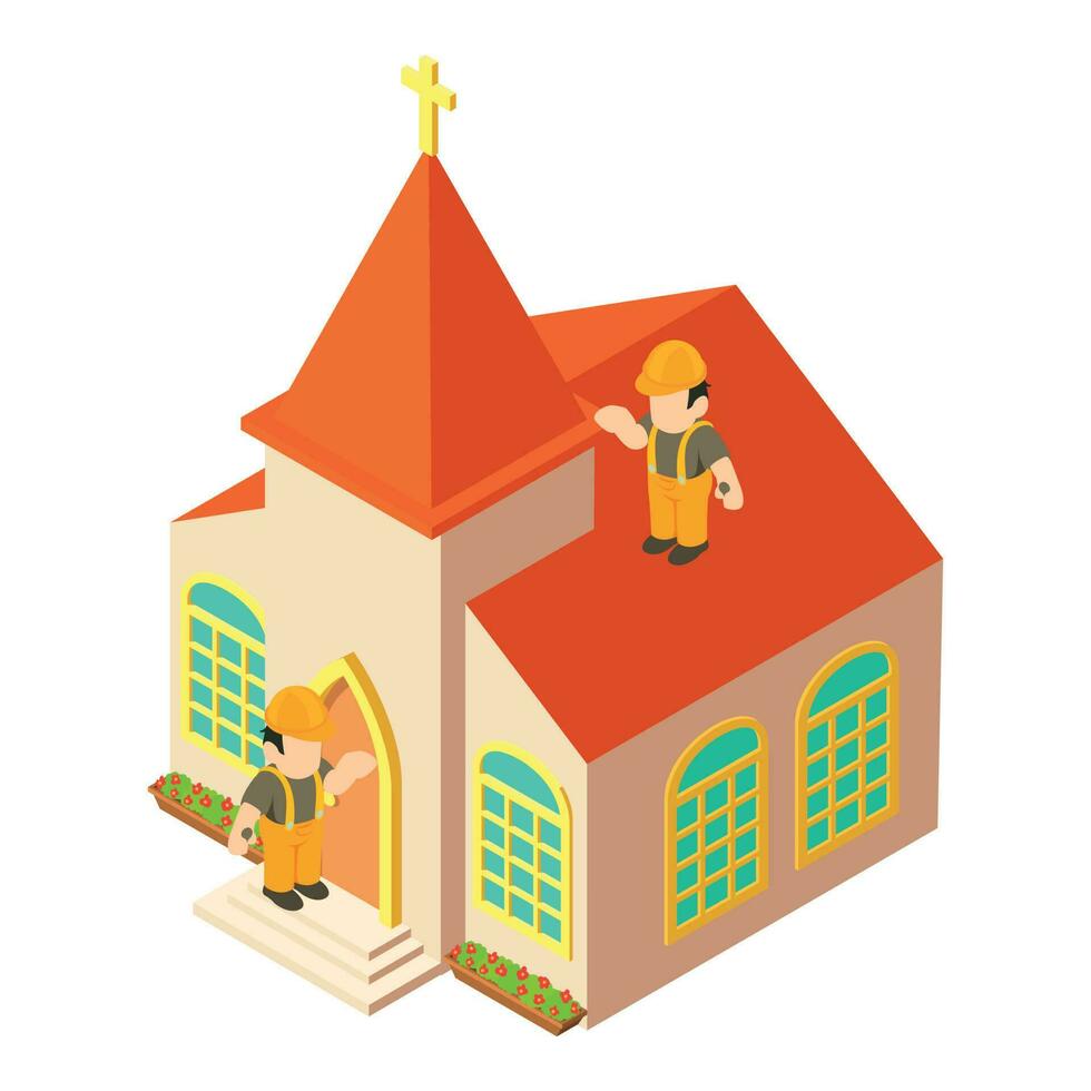 Painting work icon isometric vector. Christian church building and two worker vector