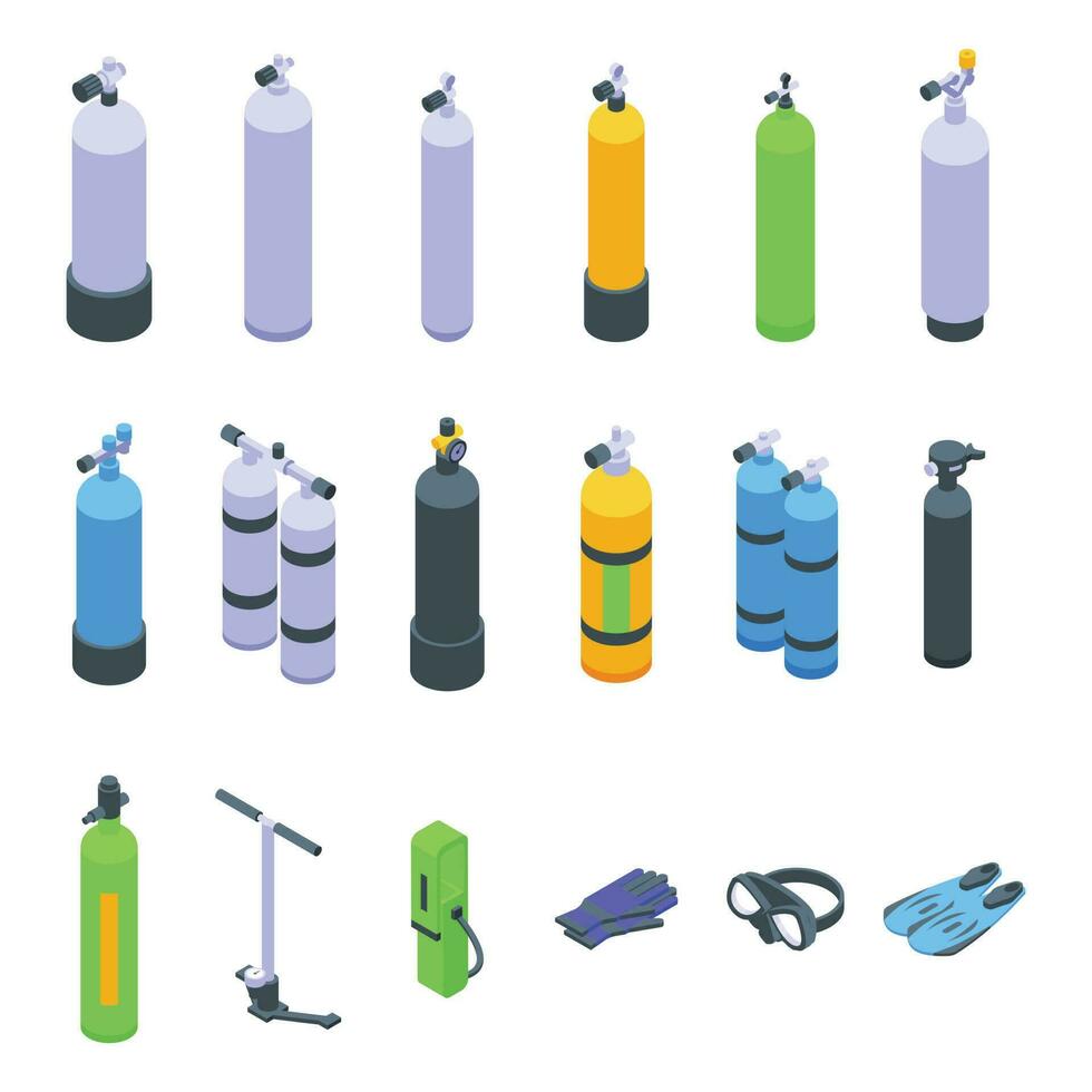 Diving cylinders icons set isometric vector. Bottle gas vector