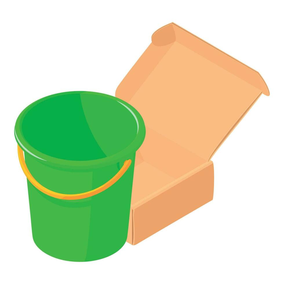 Empty bucket icon isometric vector. Plastic green bucket and postal package icon vector