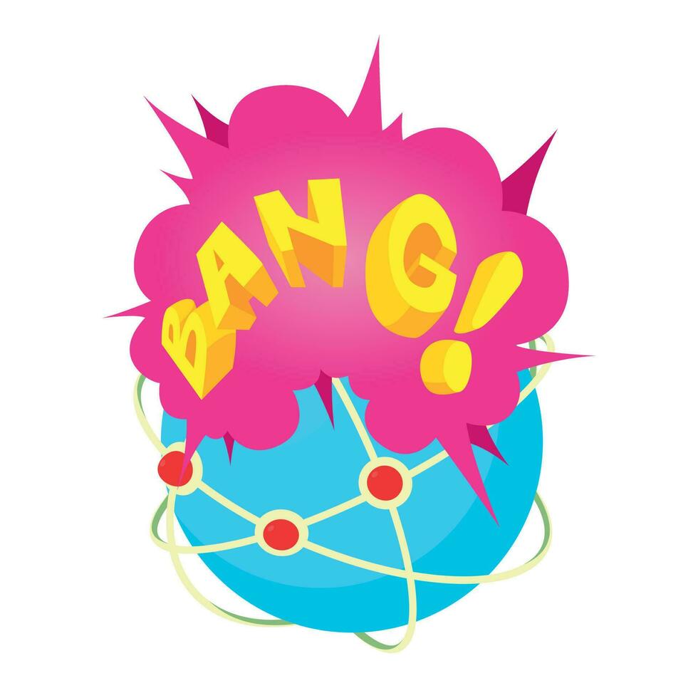 Bang icon isometric vector. Planet grid with red pin and bang speech bubble icon vector