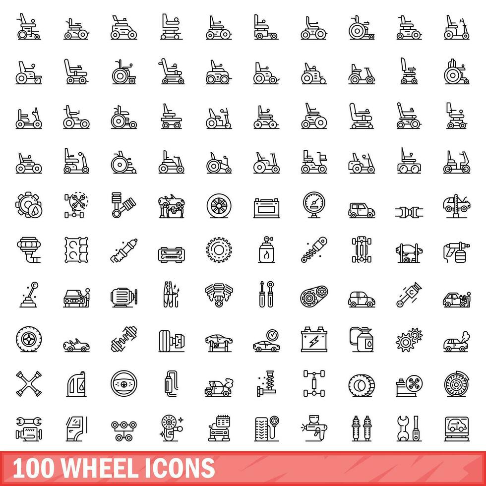 100 rueda íconos colocar, contorno estilo vector