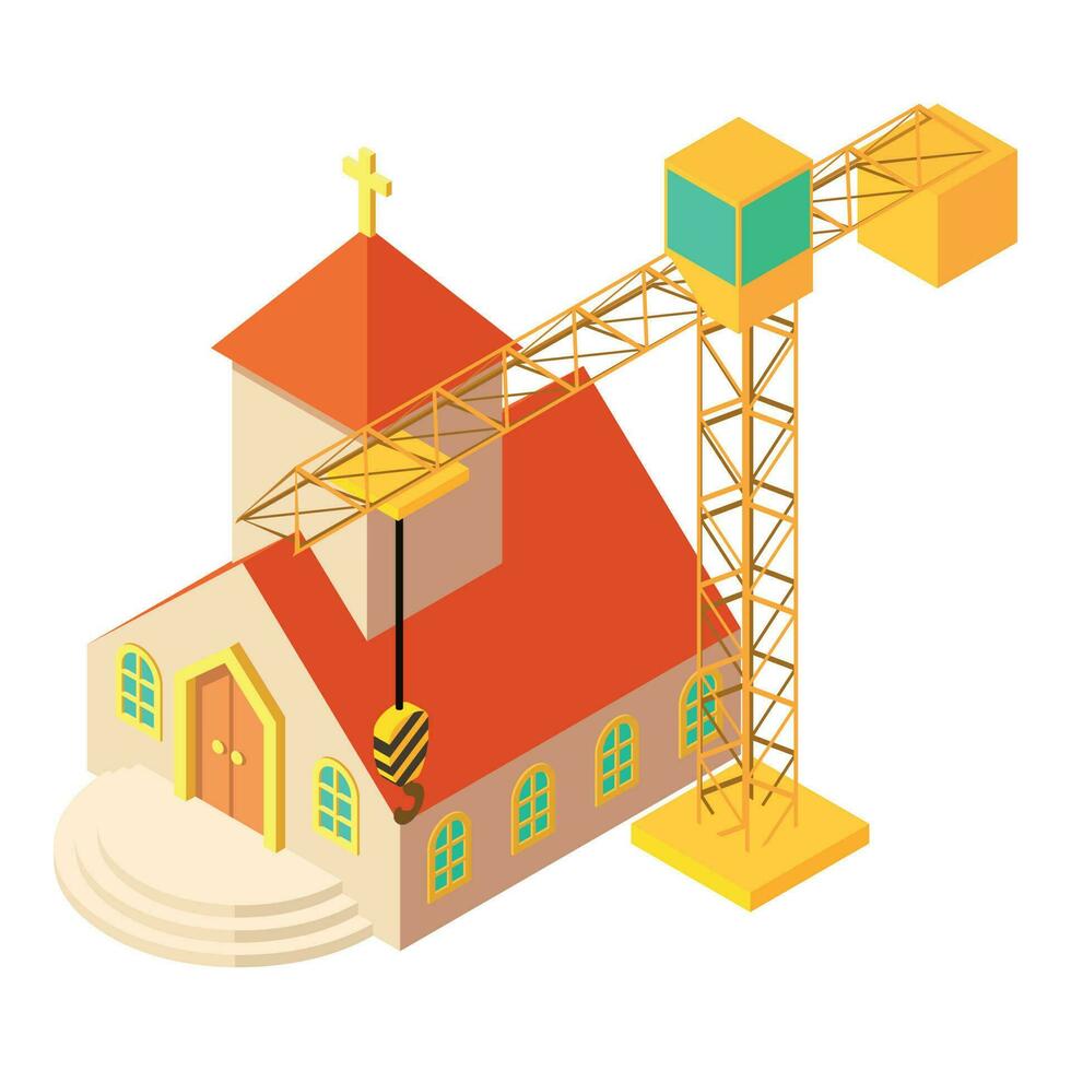 Church construction icon isometric vector. Construction crane near new church vector