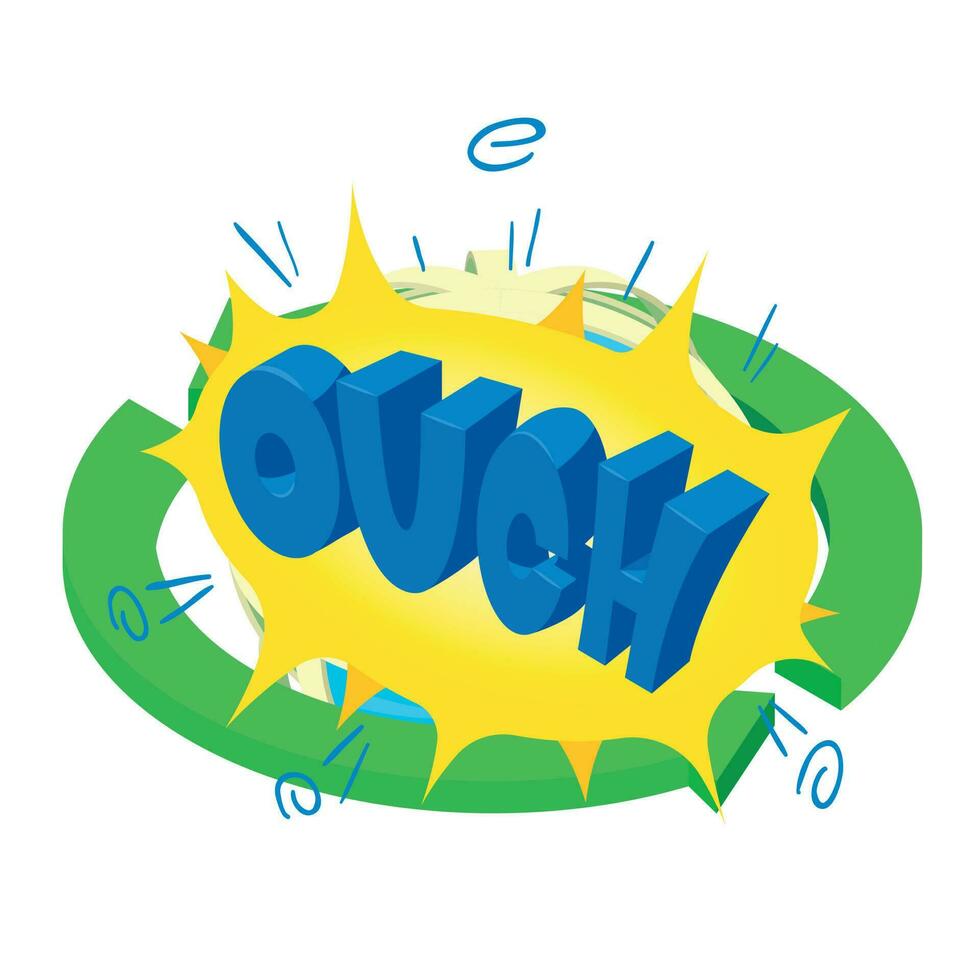 Ouch icon isometric vector. Speech bubble with lettering ouch and green arrow vector