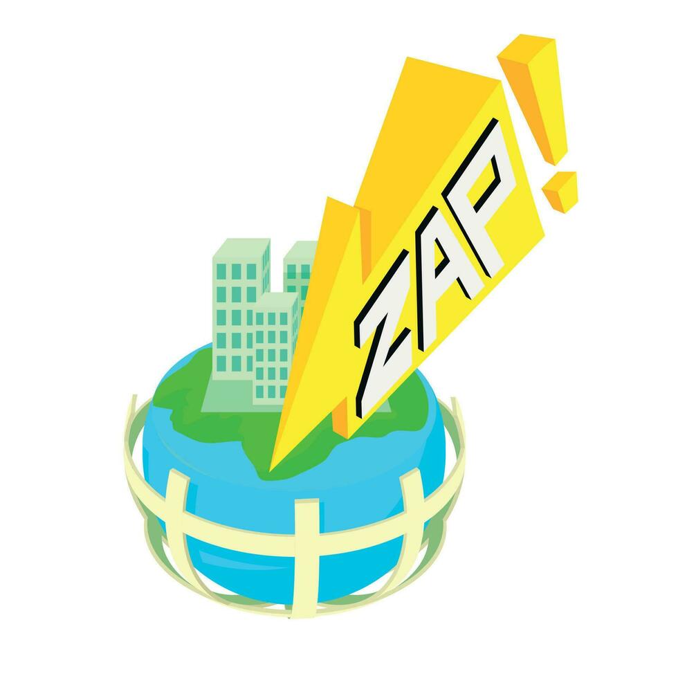 Zap icon isometric vector. Planet grid with building and zap speech bubble icon vector