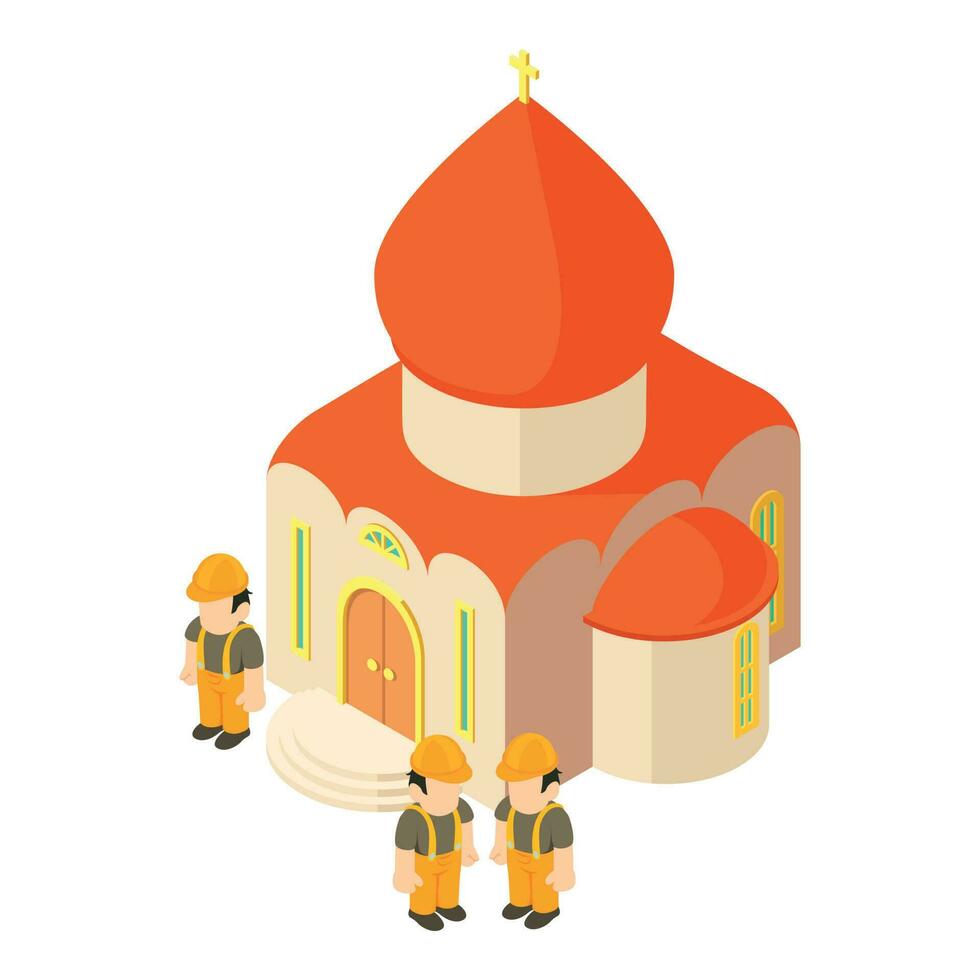 Church repair icon isometric vector. Three worker near christian church building vector