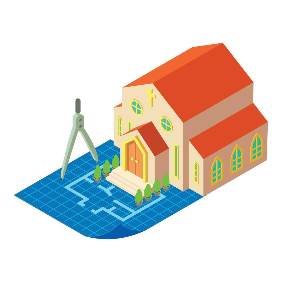 Church project icon isometric vector. Church building model stands on drawing vector
