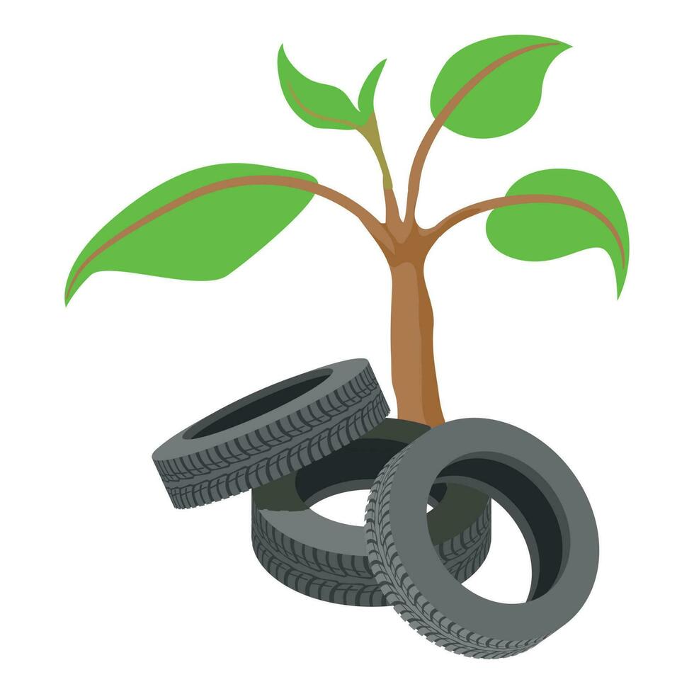 Reuse concept icon isometric vector. Worn car tire and branch with green leaf vector