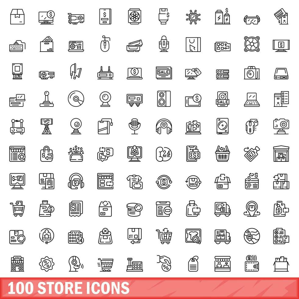 100 store icons set, outline style vector