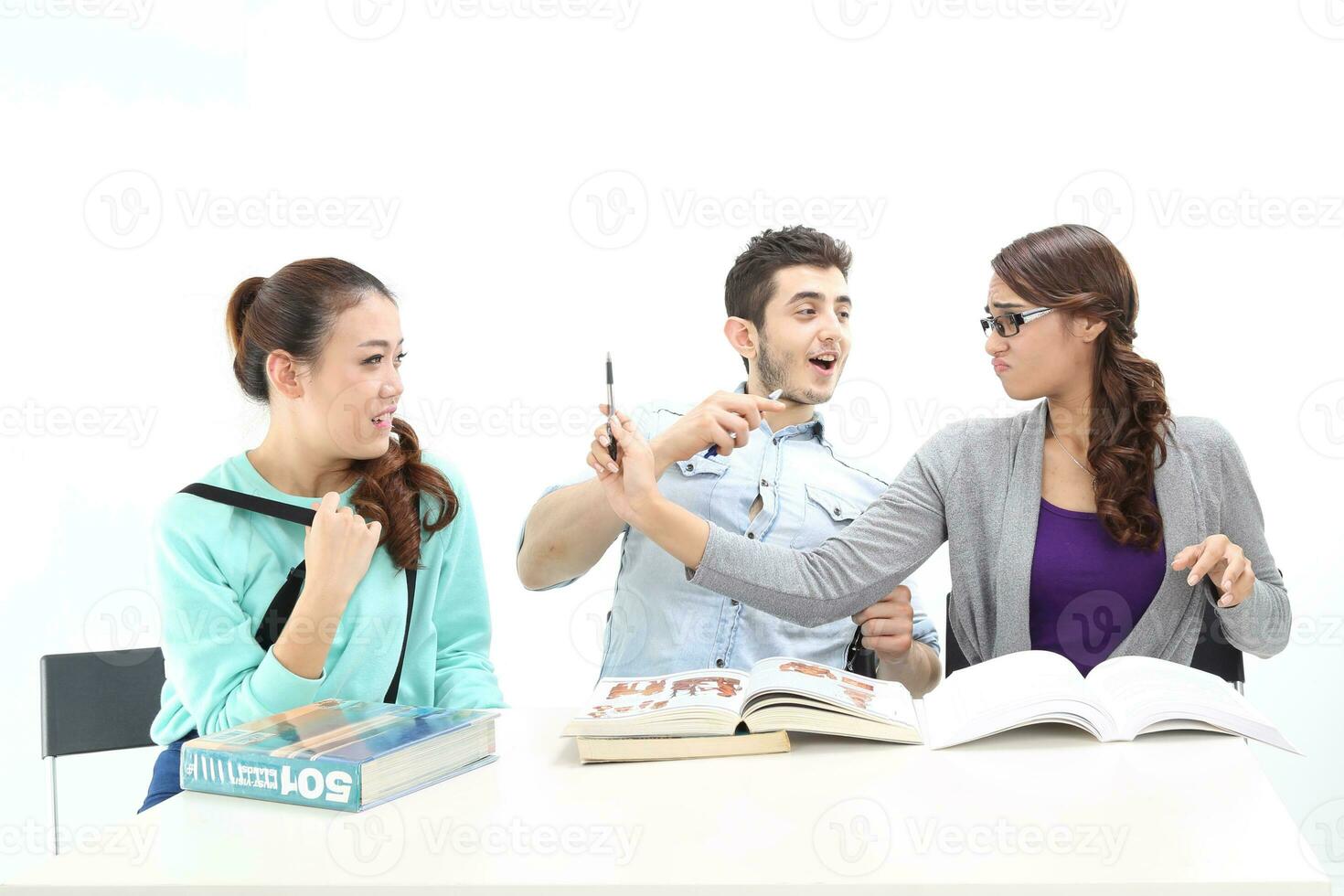 Yong south east Asian middle eastern Caucasian youth man woman in casual dress walk talk fun sit at table book notebook pen laptop computer study think read on white background photo